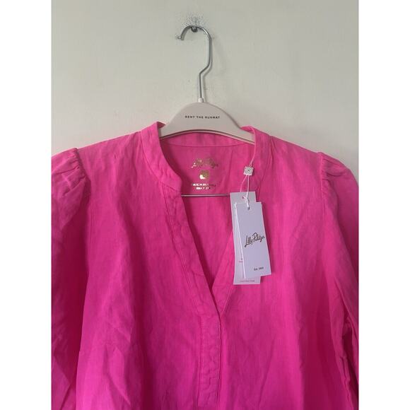 $138 NWT Lilly Pulitzer 100% Linen Hot Pink Barbie Short Puff Sleeve Blouse Sz 8 - Picture 7 of 12